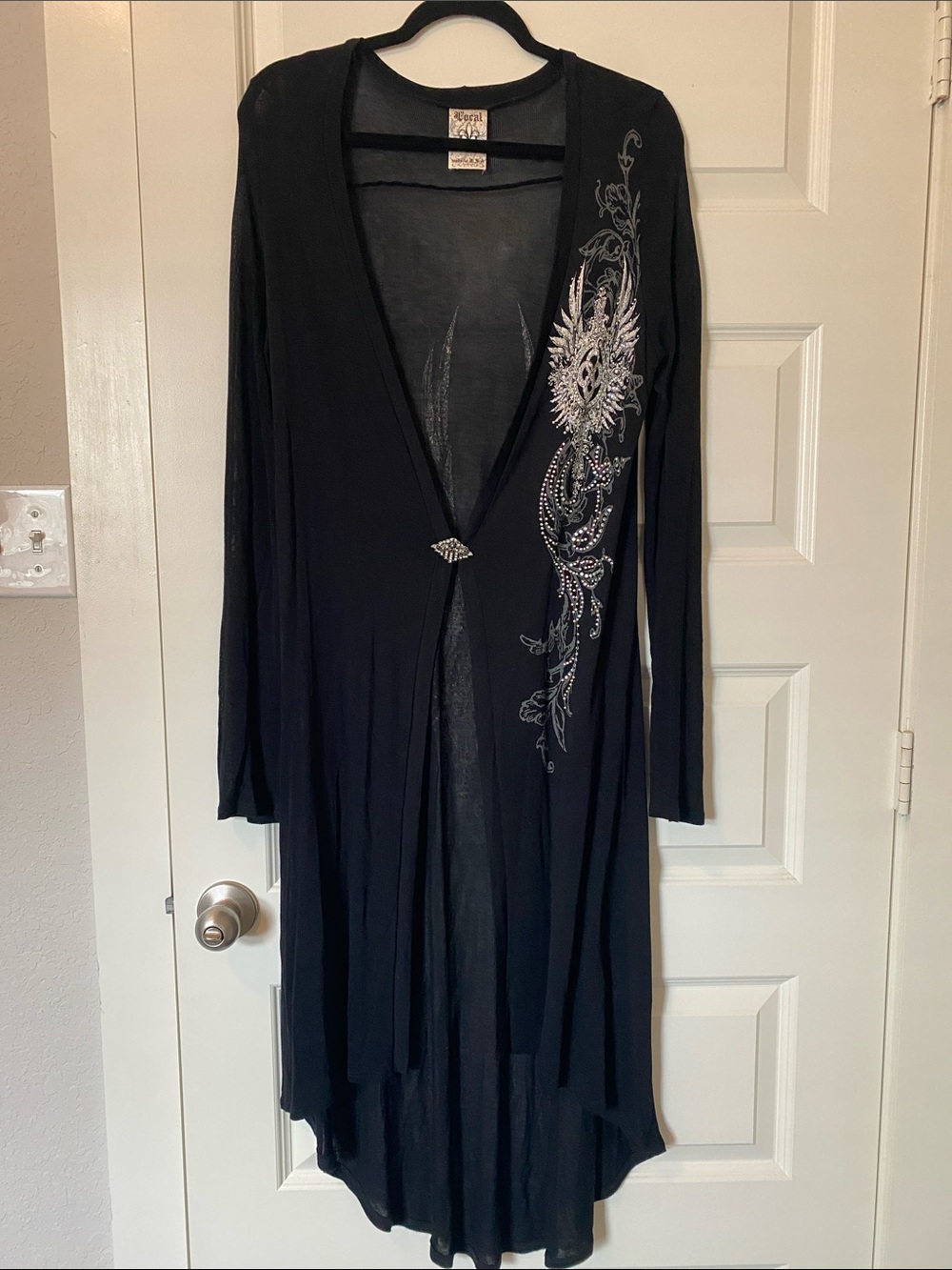 Y2K RARE Vocal Black Long Open Cardigan with Silver Embellished Design